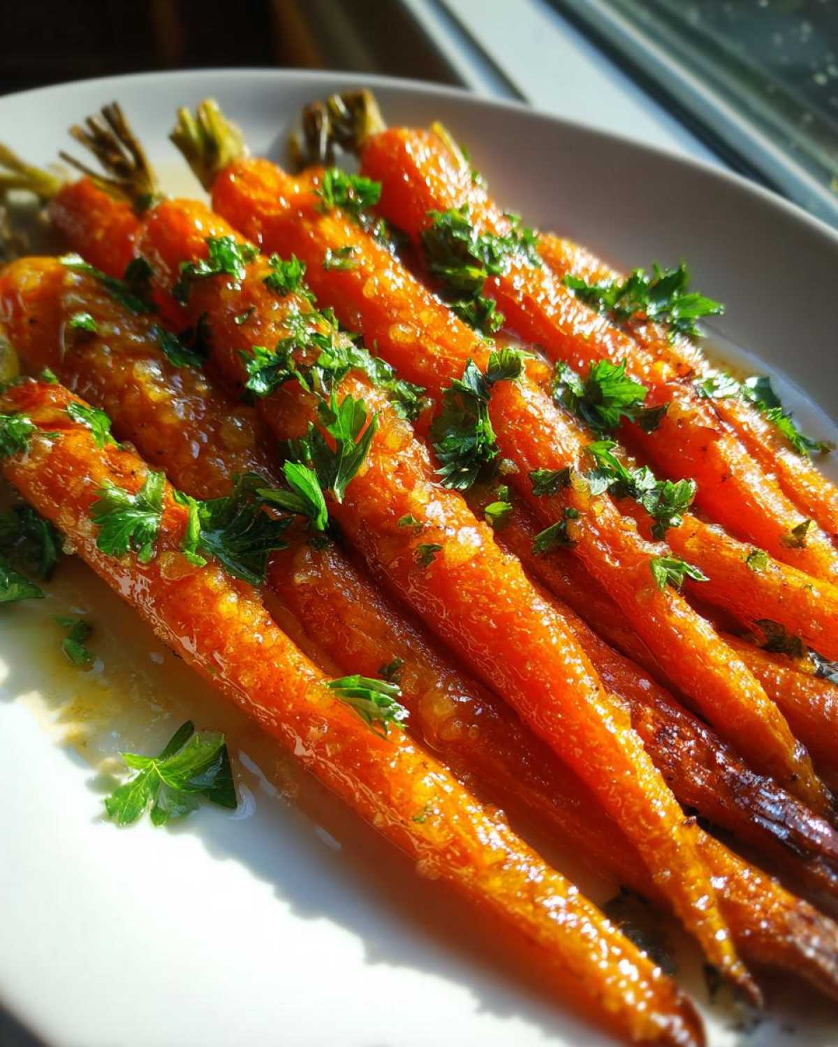 Close-up of glossy Honey Garlic Butter Roasted Carrots, garnished with fresh chopped parsley on a white plate.