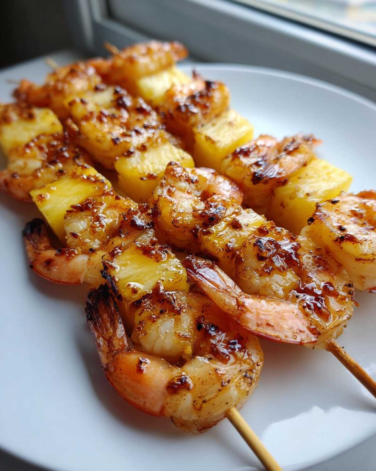 Close-up of three Honey Garlic Shrimp Skewers alternating with grilled pineapple chunks on a white plate.