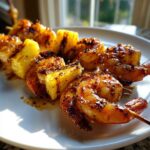 Close-up of grilled Honey Garlic Shrimp Skewers alternating with caramelized pineapple pieces on a white plate.