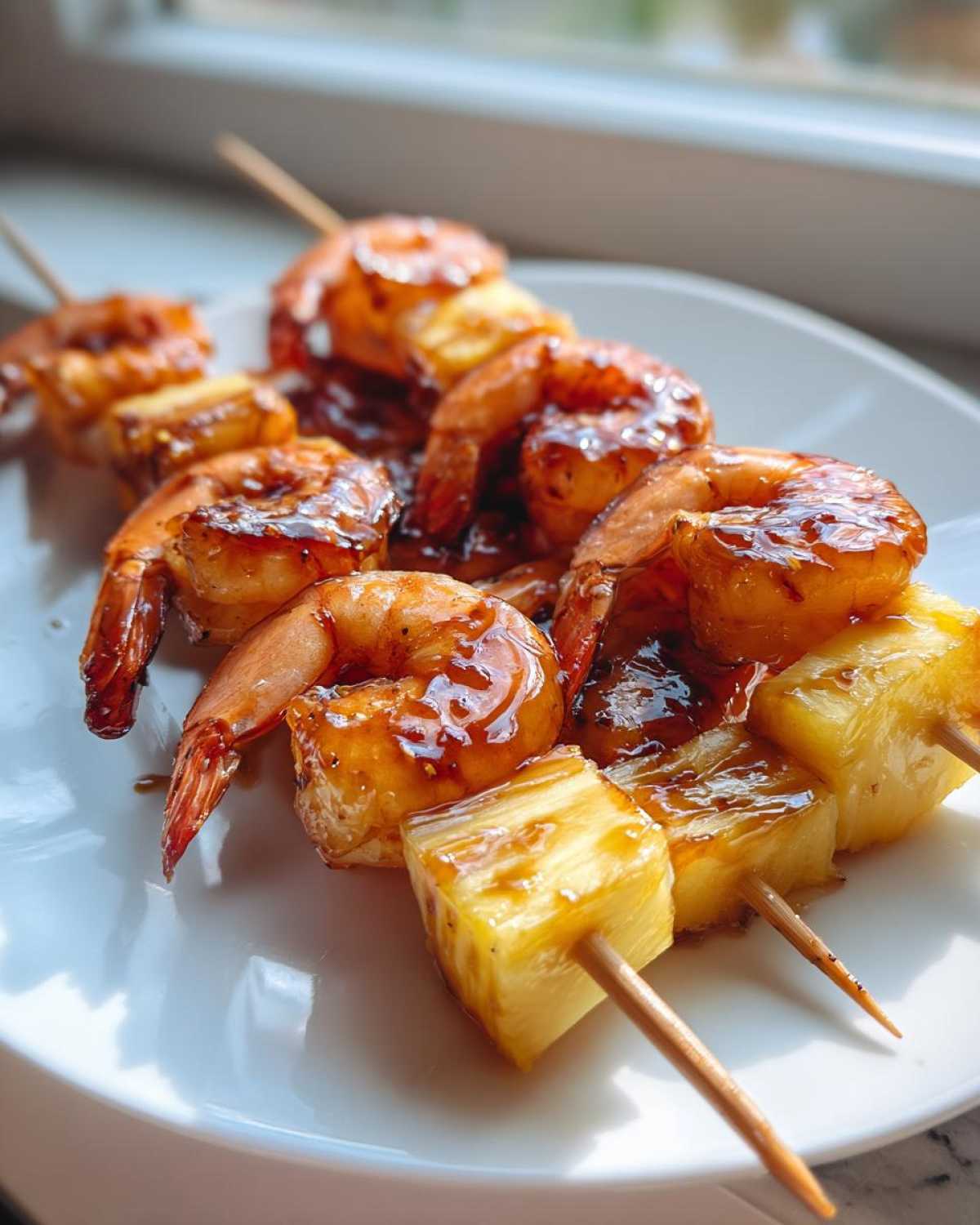 Close-up of Honey Garlic Shrimp Skewers with pineapple chunks, glistening with a dark glaze on a white plate.