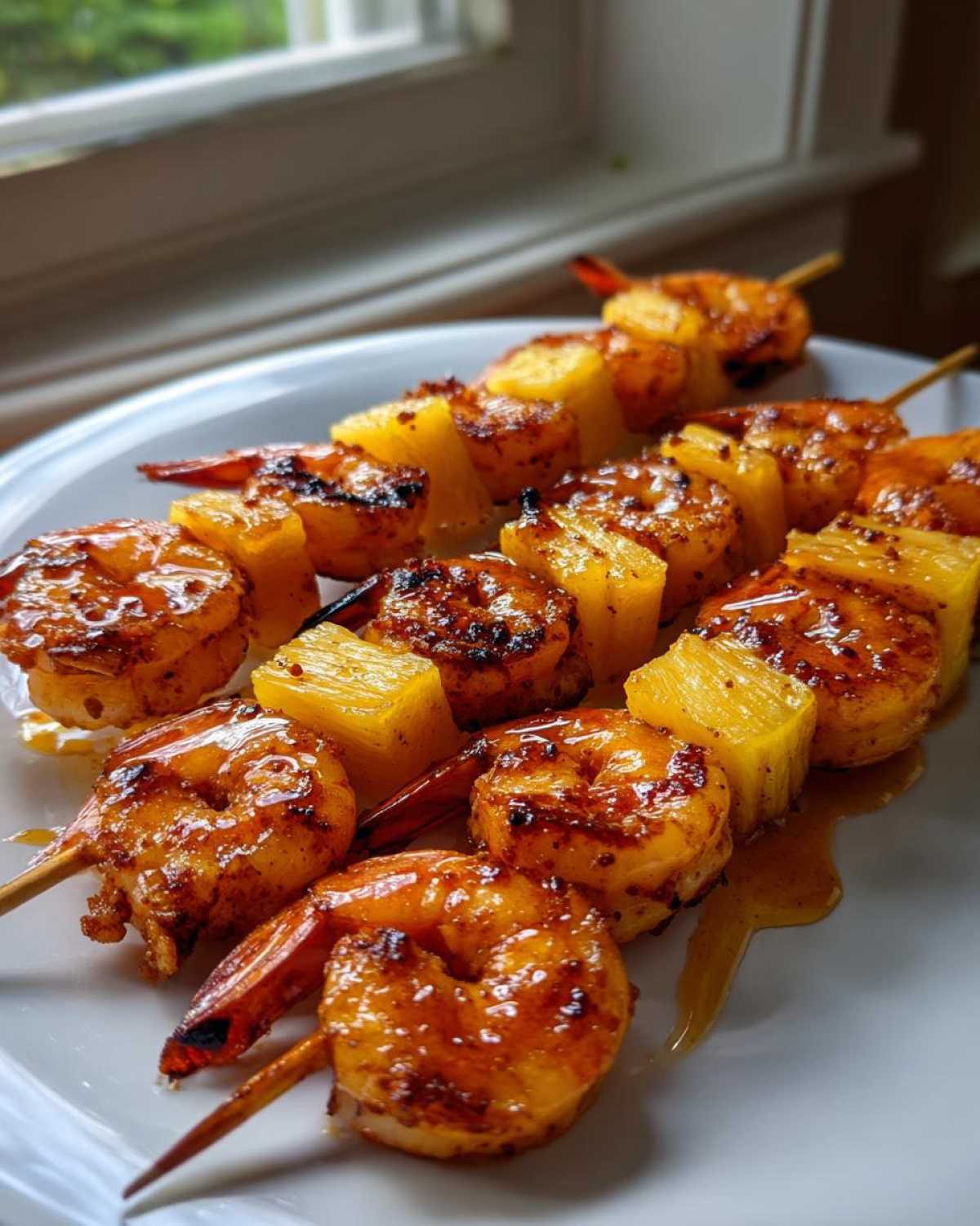 Close-up of grilled Honey Garlic Shrimp Skewers alternating with chunks of grilled pineapple on a white plate.