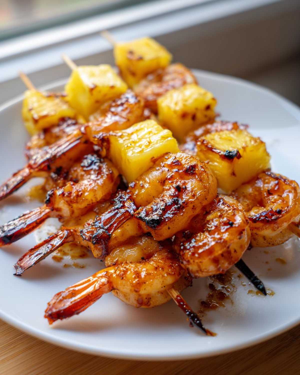 Close-up of grilled Honey Garlic Shrimp Skewers with caramelized pineapple chunks on a white plate.