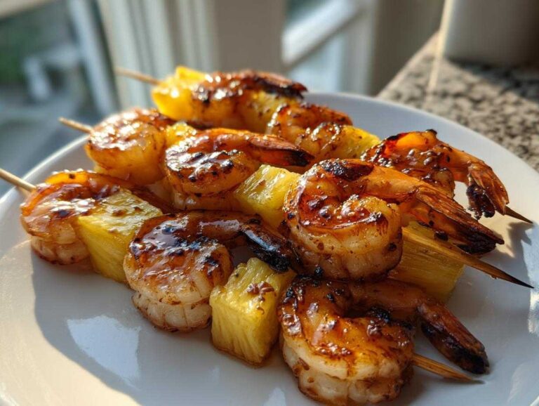 Close-up of grilled Honey Garlic Shrimp Skewers with chunks of caramelized pineapple on a white plate.