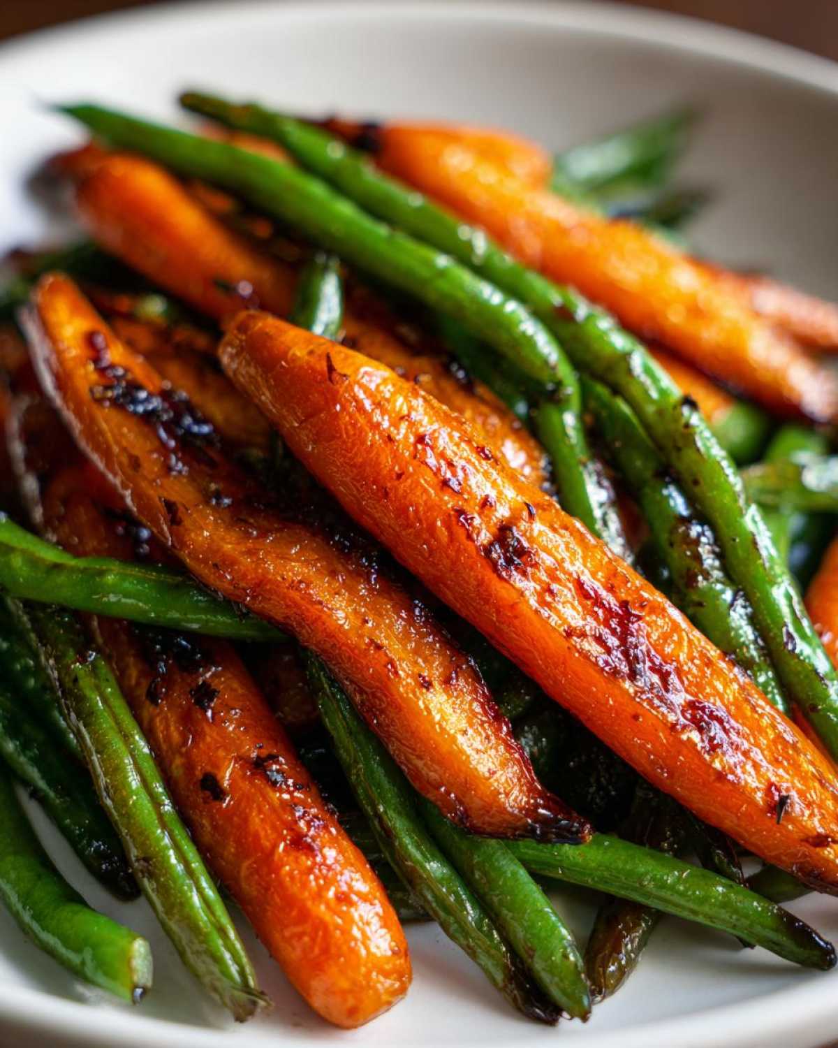 Close-up of vibrant orange carrots and bright green beans coated in a shiny glaze, showcasing Honey Glazed Carrots and Green Beans.
