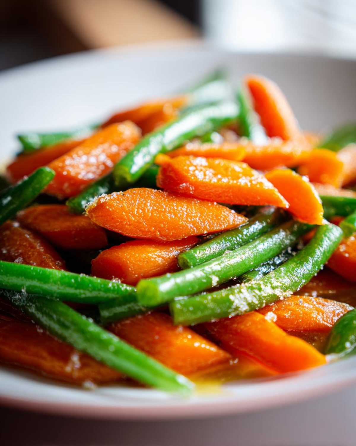 Close-up of bright orange carrots and vibrant green beans coated in a honey glaze and sprinkled with salt.