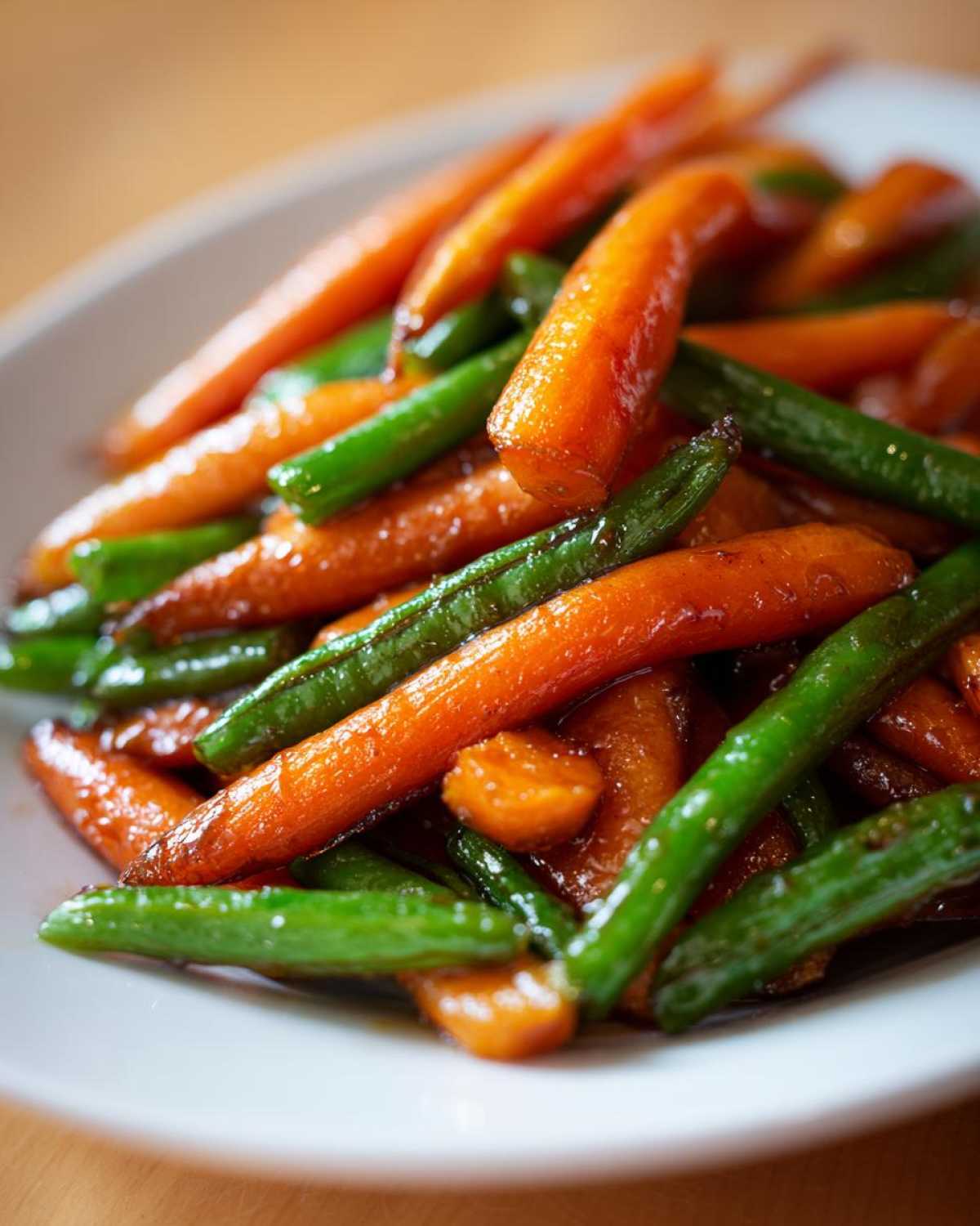Close-up of vibrant Honey Glazed Carrots and Green Beans coated in a shiny sauce.