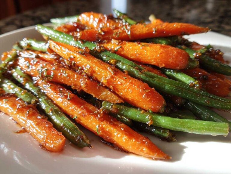 A close-up shot of vibrant Honey Glazed Carrots and Green Beans coated in a shiny, sticky sauce on a white plate.