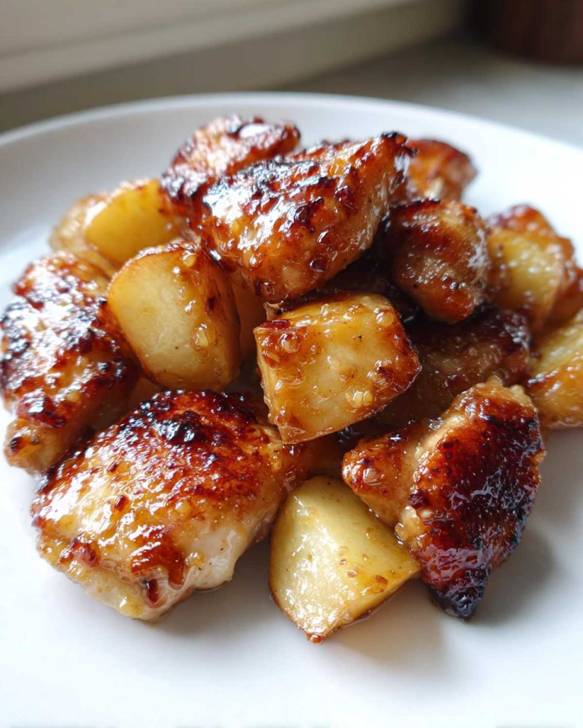 Close-up of glossy, caramelized chicken pieces and roasted potatoes coated in honey mustard sauce.