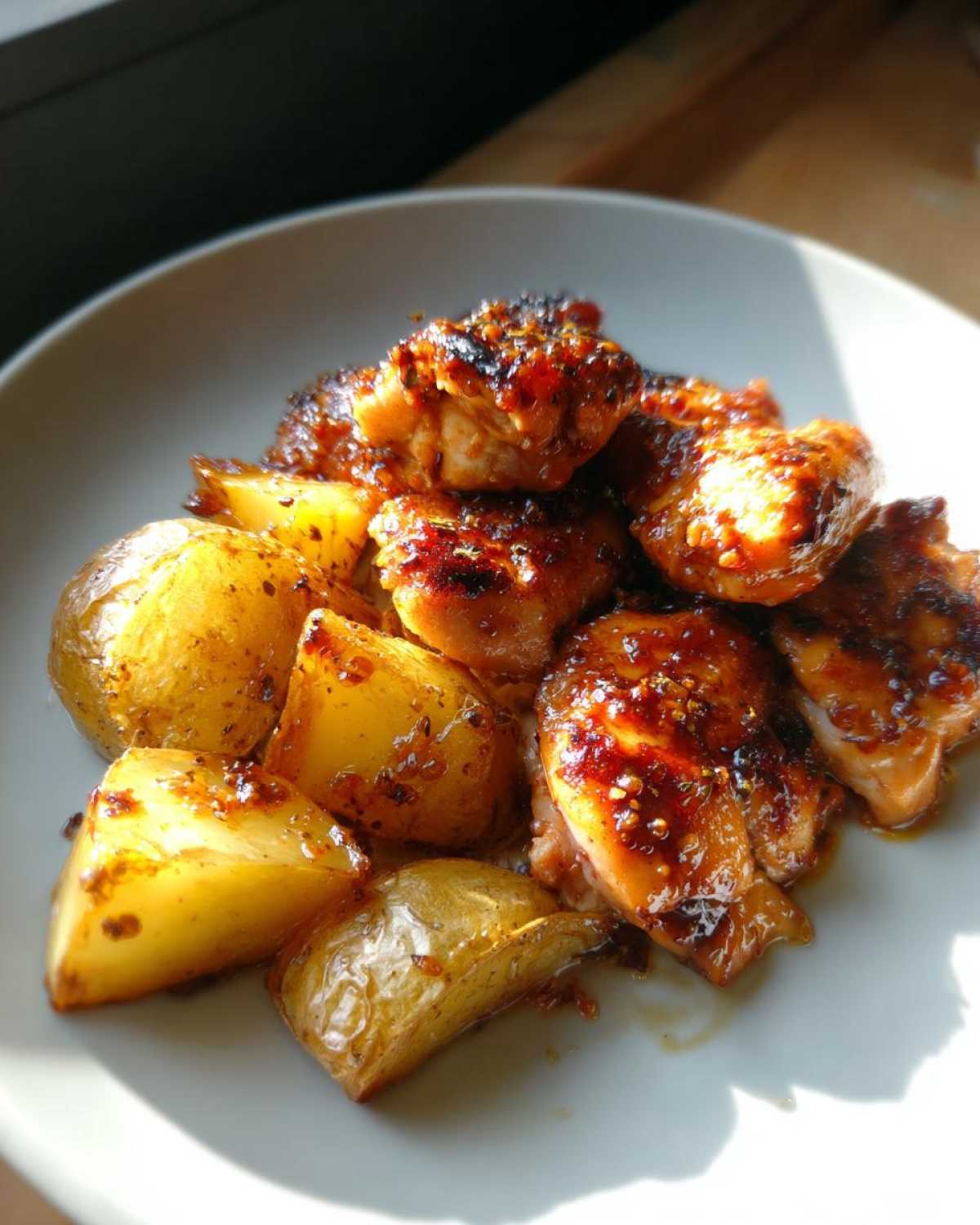 Close-up of glazed Honey Mustard Chicken & Potato Sheet Pan pieces served on a white plate.