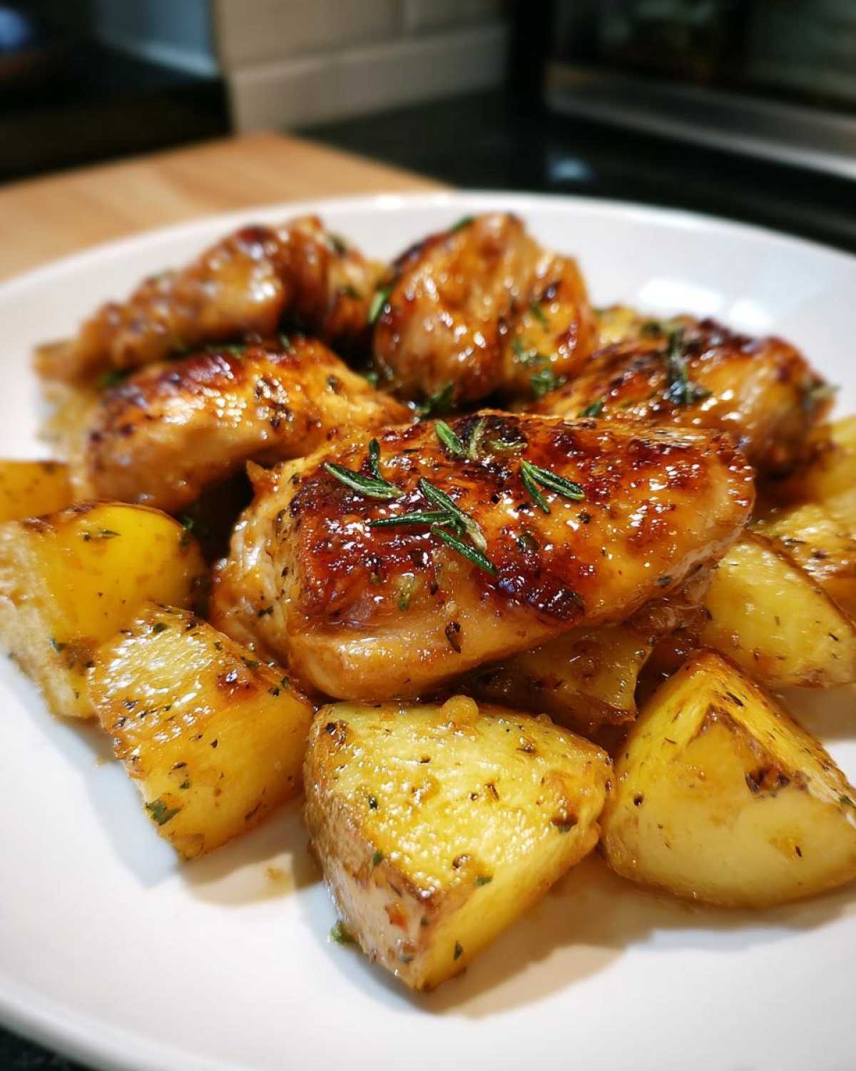 Close-up of glazed Honey Mustard Chicken & Potato Sheet Pan pieces served on a white plate, garnished with rosemary.