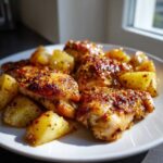 Close-up of glazed Honey Mustard Chicken & Potato Sheet Pan pieces served on a white plate.