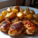 Close-up of perfectly roasted Honey Mustard Chicken & Potato Sheet Pan pieces on a white plate.