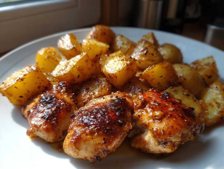 Close-up of perfectly roasted Honey Mustard Chicken & Potato Sheet Pan pieces on a white plate.
