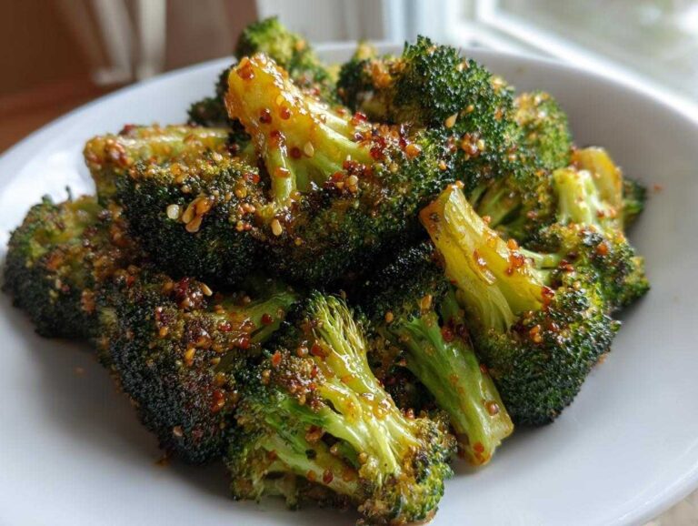 Amazing 15-Minute Honey Mustard Roasted Broccoli Close-up of vibrant green Honey Mustard Roasted Broccoli florets coated in a glossy sauce and spices, served on a white plate.