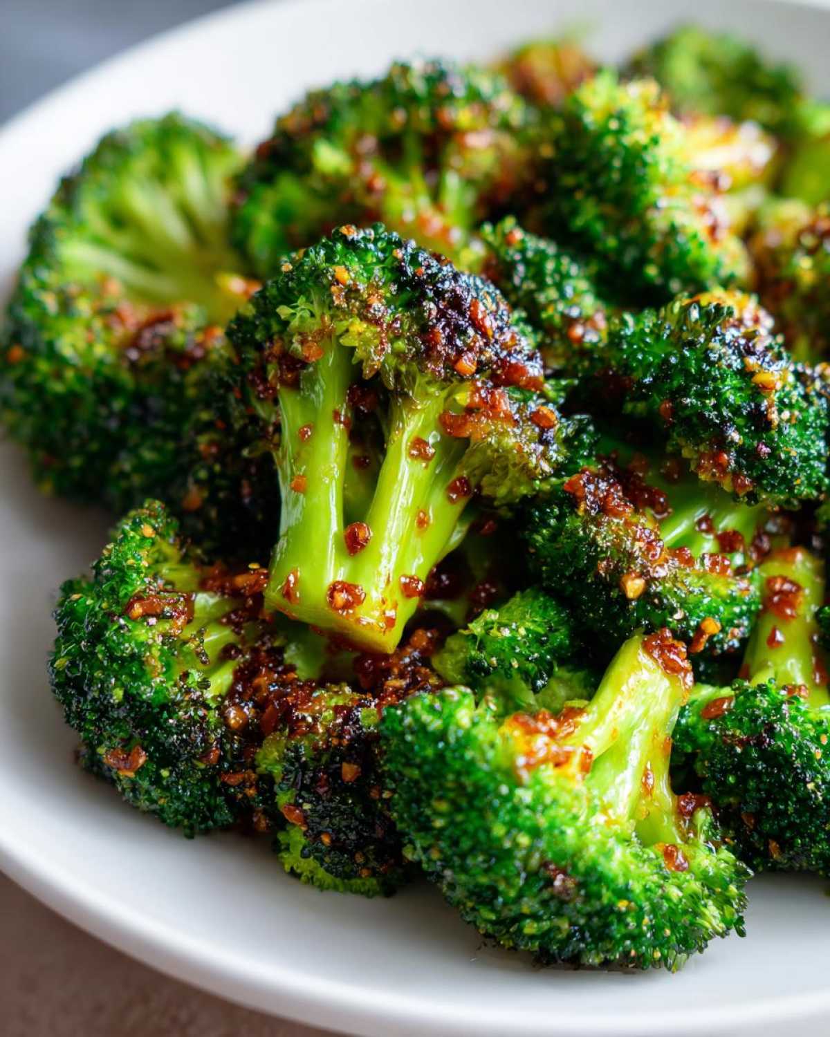 Close-up of bright green, roasted broccoli florets coated in a savory glaze for Honey Mustard Roasted Broccoli.