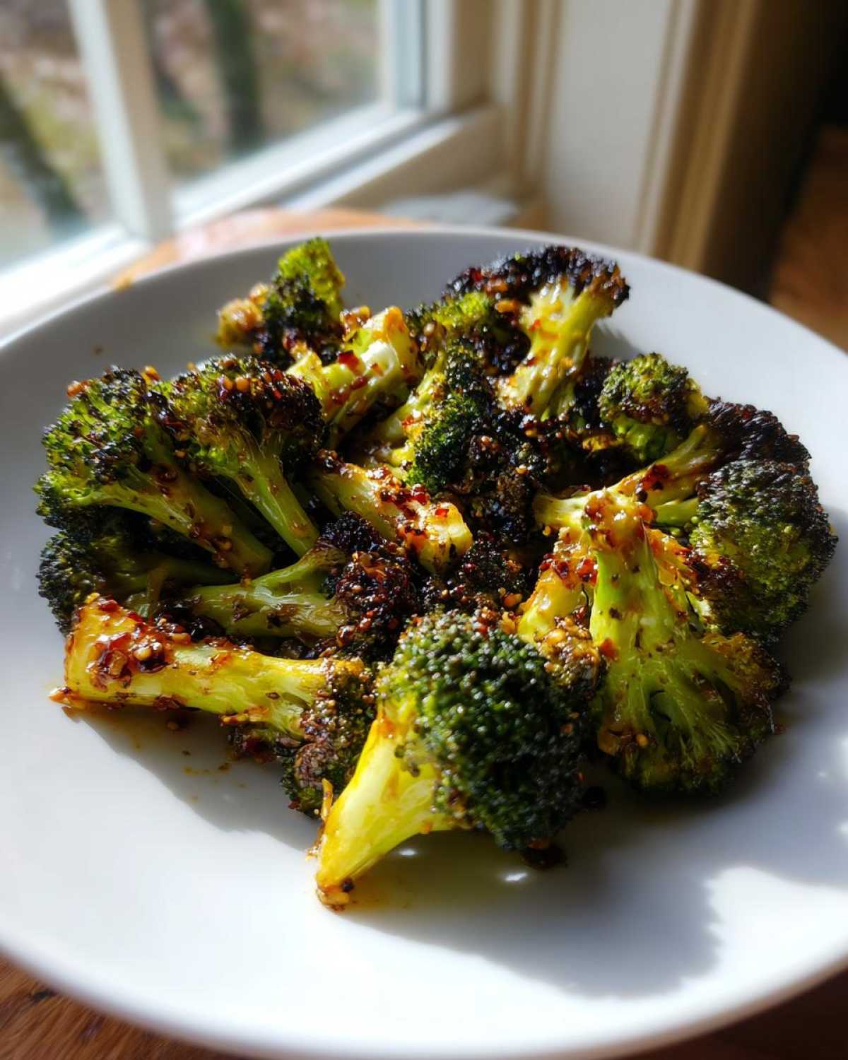 Close-up of perfectly charred Honey Mustard Roasted Broccoli florets served on a white plate.