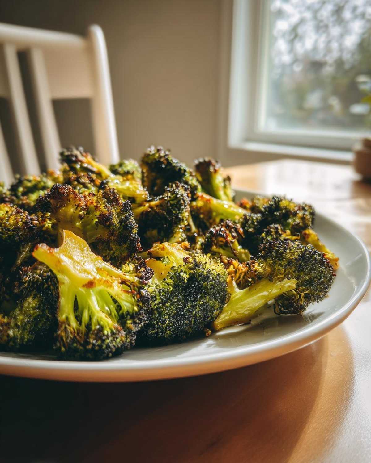 Close-up of perfectly charred Honey Mustard Roasted Broccoli served on a white plate near a window.