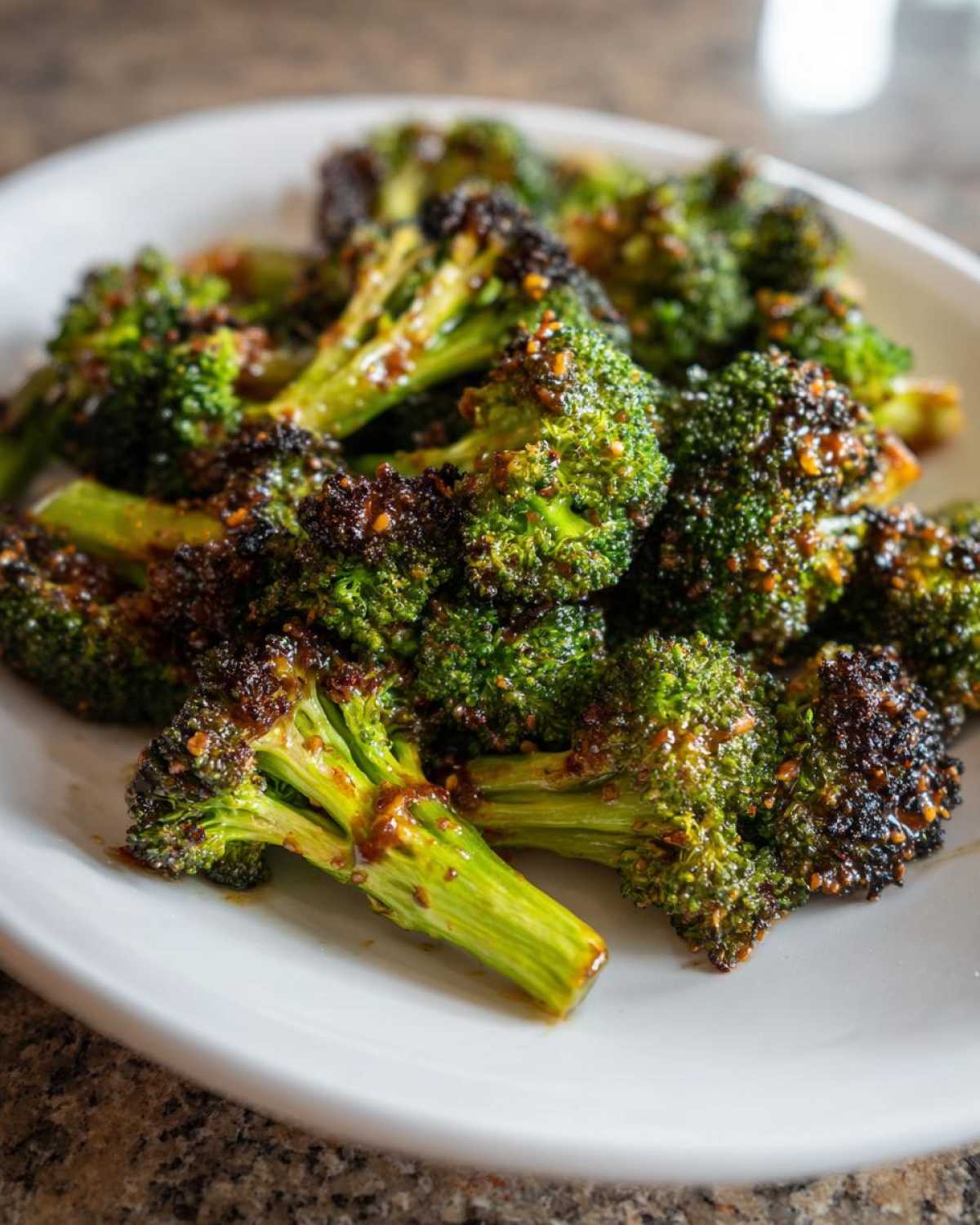 Close-up of vibrant green Honey Mustard Roasted Broccoli florets with caramelized edges served on a white plate.