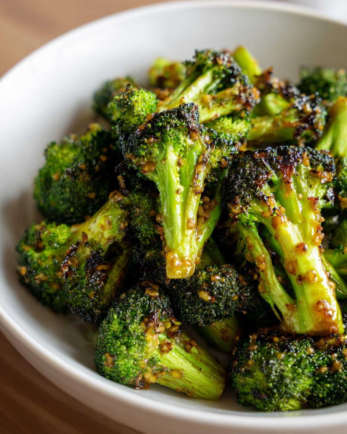 Close-up of vibrant green Honey Mustard Roasted Broccoli florets with caramelized edges in a white bowl.