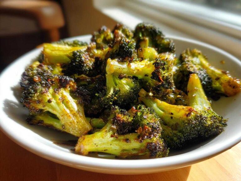 Amazing 15-Minute Honey Mustard Roasted Broccoli Close-up of crispy, caramelized Honey Mustard Roasted Broccoli florets served in a white bowl.