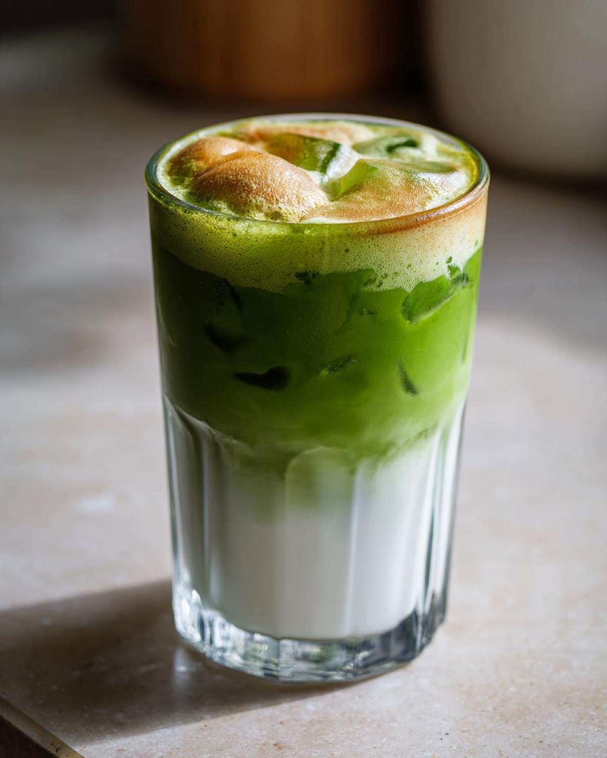 A tall glass of Iced Matcha Latte with Honey Cold Foam, showing layers of milk, bright green matcha, and golden foam.