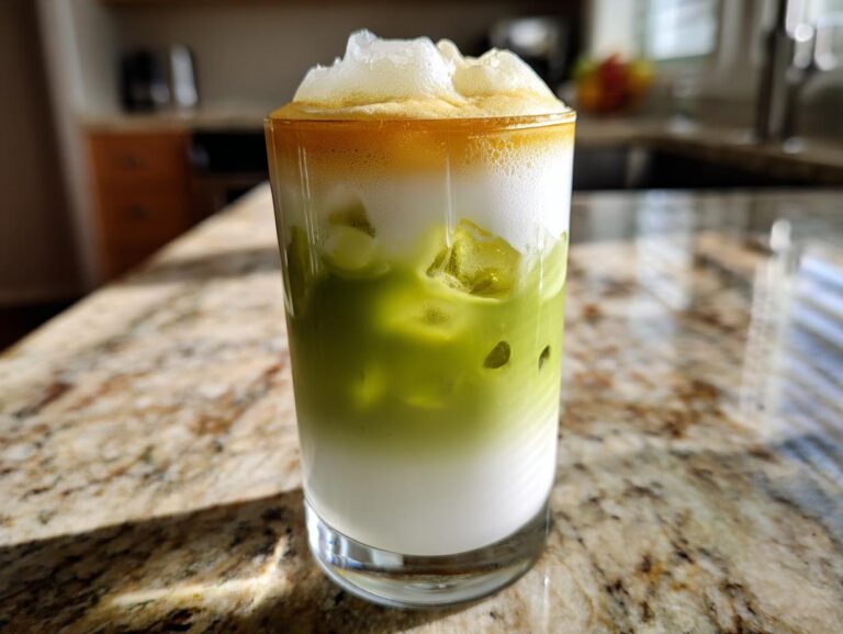 A layered Iced Matcha Latte with Honey Cold Foam featuring green matcha, white milk, and a thick layer of golden foam on top.