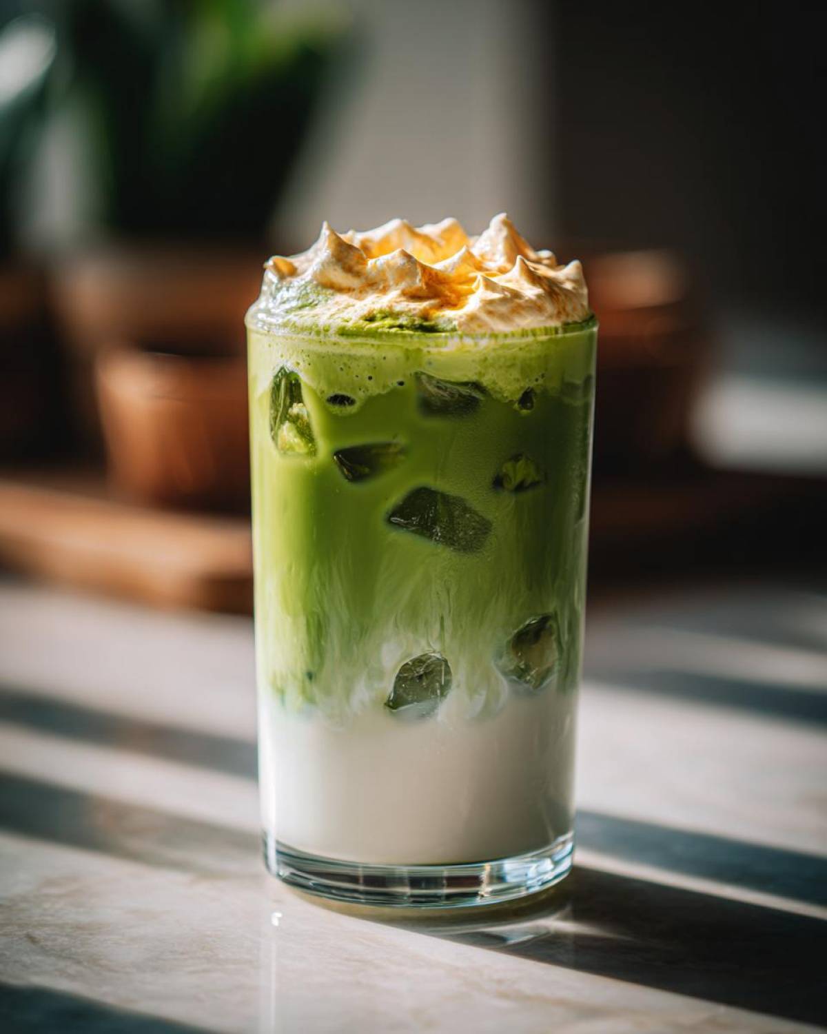 A tall glass of Iced Matcha Latte with Honey Cold Foam, showing distinct layers of milk, green matcha, and whipped topping.