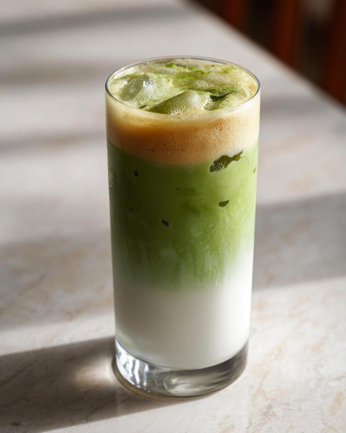 Close-up of a tall glass containing an Iced Matcha Latte with Honey Cold Foam layer on top.