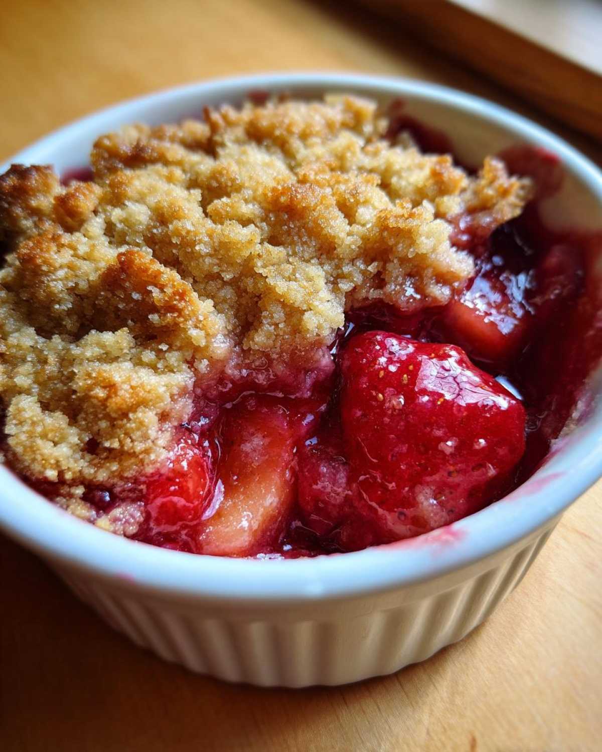 Close-up of a warm, bubbling individual serving of Strawberry Rhubarb Crisp with a golden brown topping.