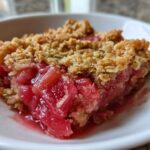 Close-up of a serving of Irresistible Rhubarb Crisp Recipe, showing bright pink rhubarb filling under a golden oat topping.
