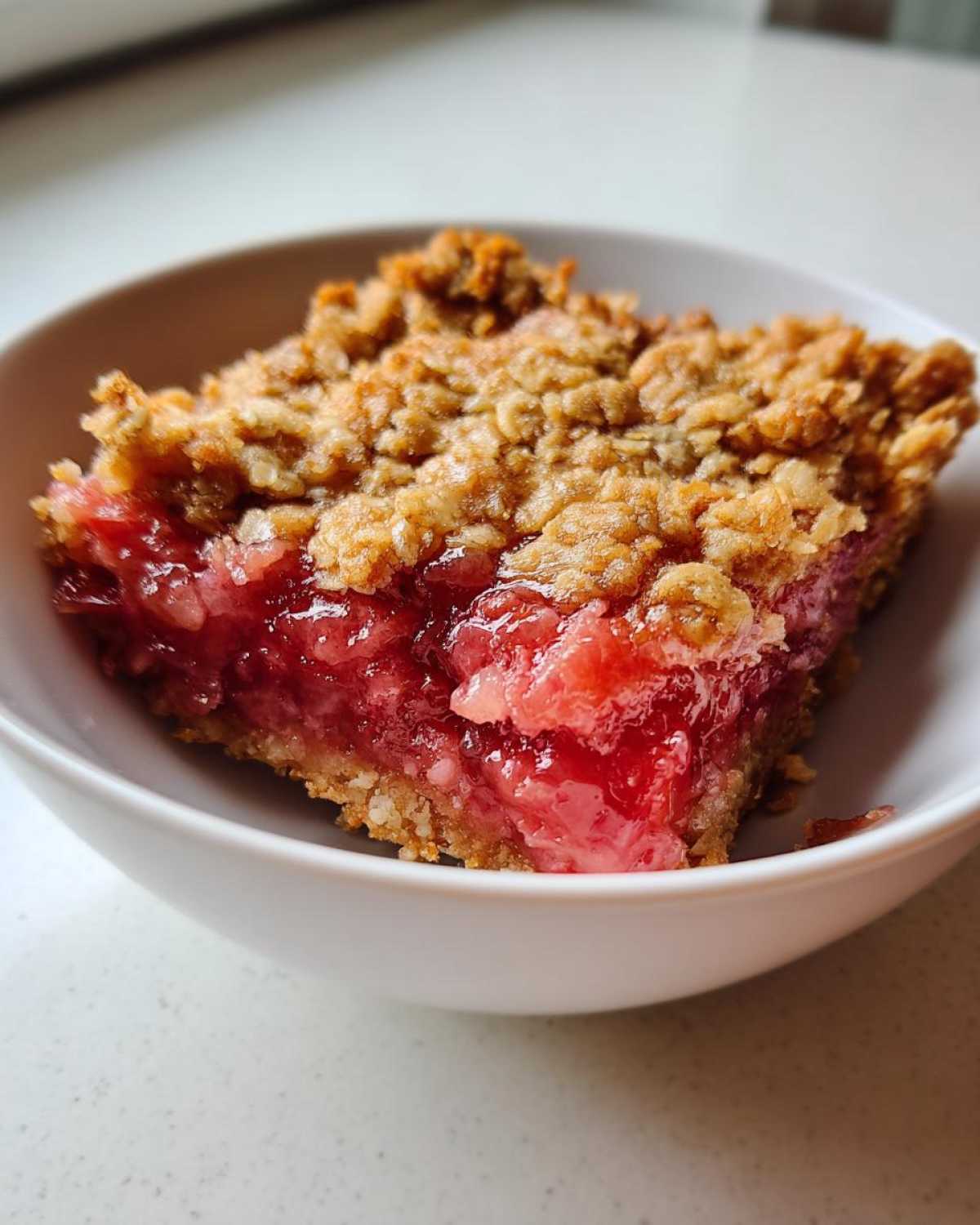 Close-up of a square serving of Irresistible Rhubarb Crisp Recipe with a thick, gooey red filling and oat topping in a white bowl.