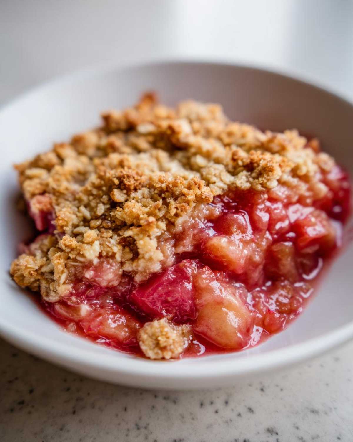 Close-up of a warm serving of Irresistible Rhubarb Crisp with bubbly, bright pink rhubarb filling and a golden oat topping.