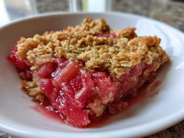 Close-up of a serving of Irresistible Rhubarb Crisp Recipe, showing bright pink rhubarb filling under a golden oat topping.