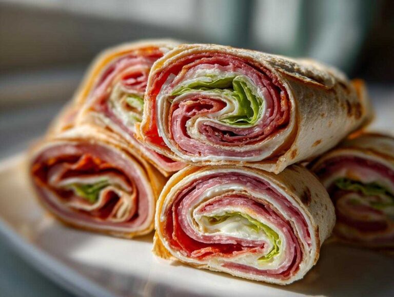 A stack of freshly cut italian pinwheels showing layers of deli meat, cheese, and lettuce rolled in a tortilla.