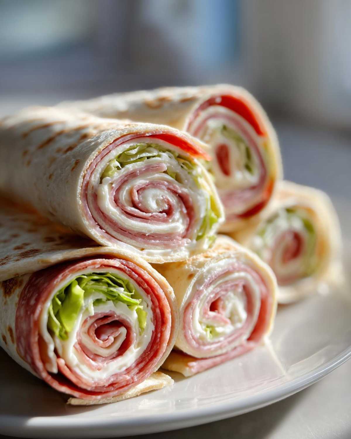 A stack of freshly made Italian pinwheels showing layers of salami, cheese, lettuce, and cream cheese spread inside a tortilla wrap.