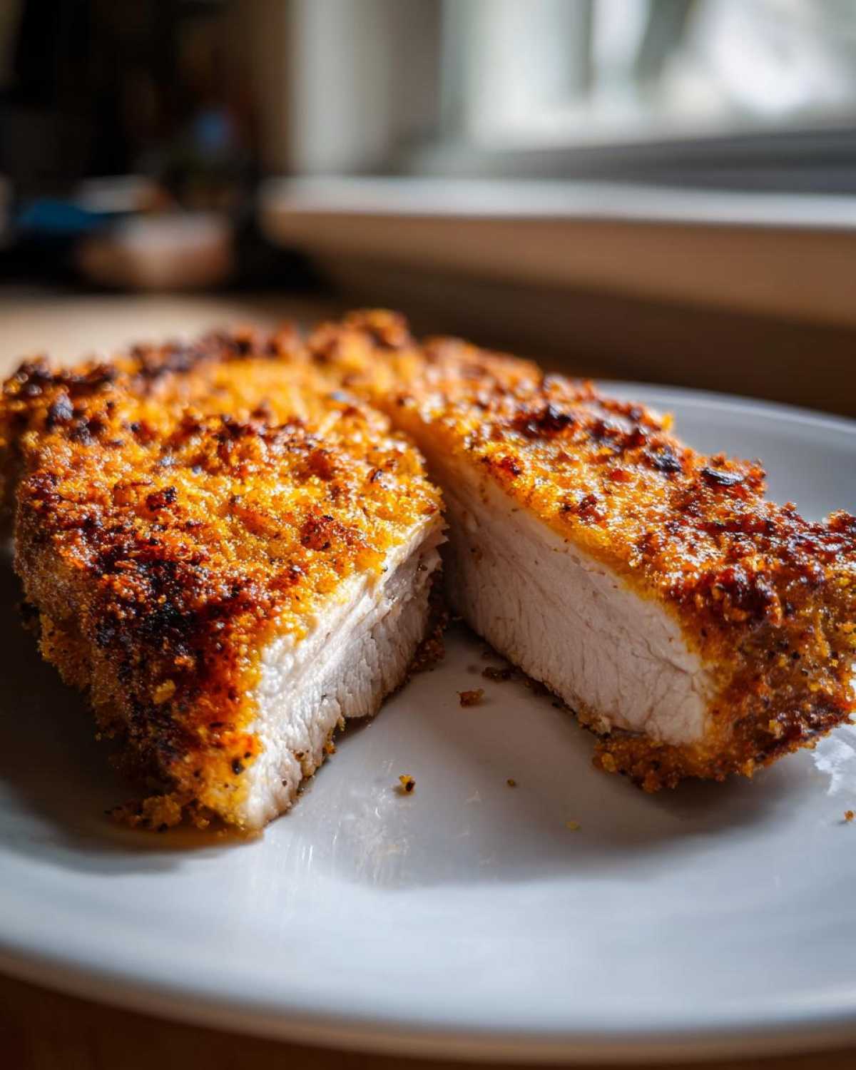 Cross-section of a perfectly cooked, juicy air fryer pork chop showing a golden, crispy crust and moist white interior.