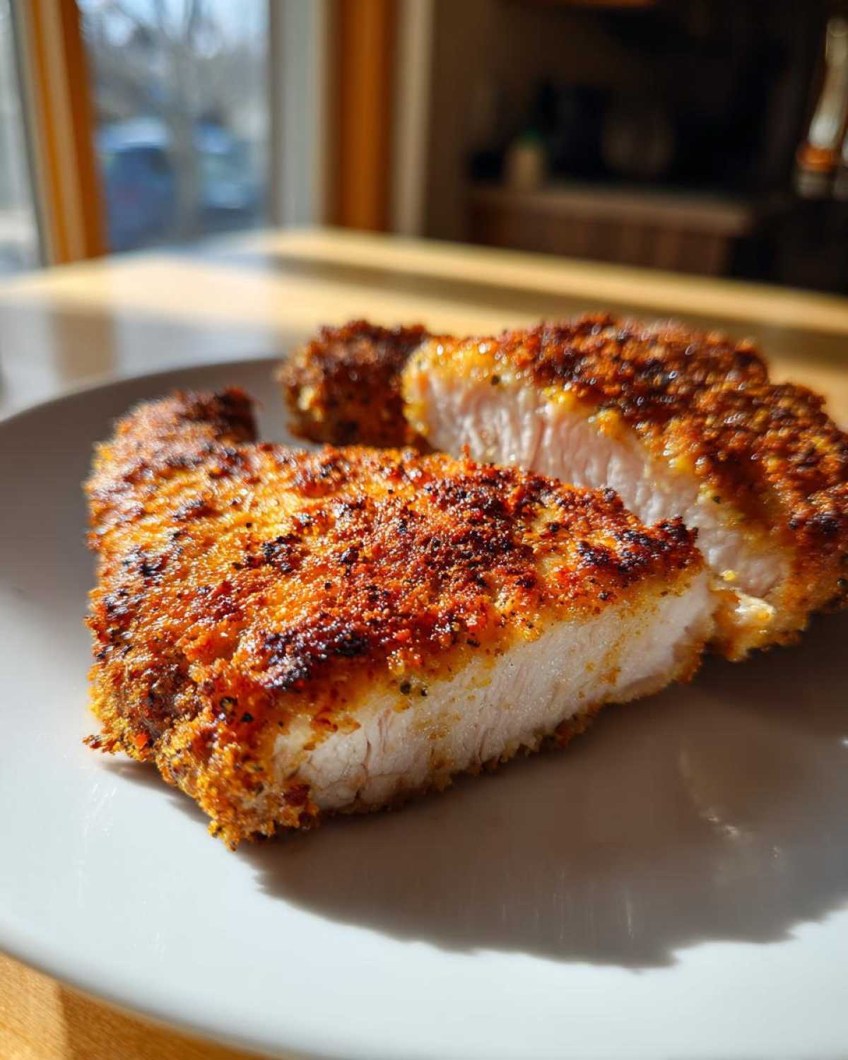 Close-up of perfectly cooked air fryer pork chops, sliced to show the juicy white interior and crispy, seasoned crust.
