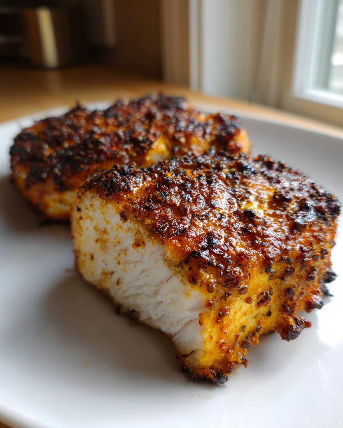 Close-up of a perfectly cooked air fryer pork chop, showing a juicy white interior and a dark, seasoned crust.