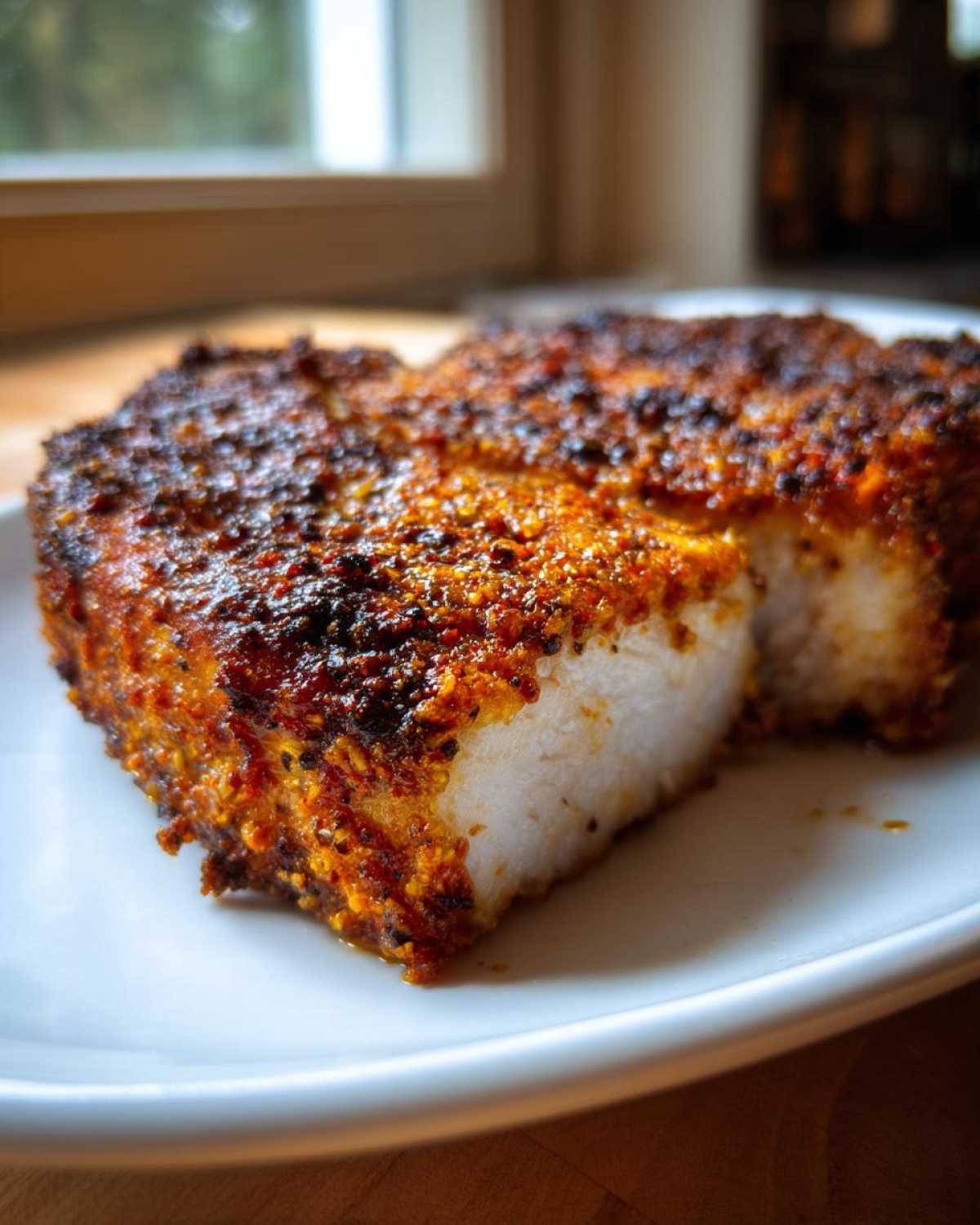 Close-up of a thick, juicy air fryer pork chop showing a perfectly white interior and a dark, crispy spice crust.