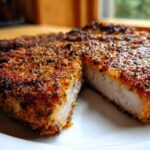Close-up of perfectly cooked air fryer pork chops, cut to show the juicy interior and crispy seasoned crust.