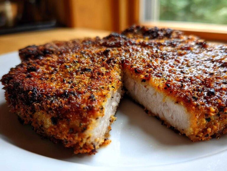 Close-up of perfectly cooked air fryer pork chops, cut to show the juicy interior and crispy seasoned crust.