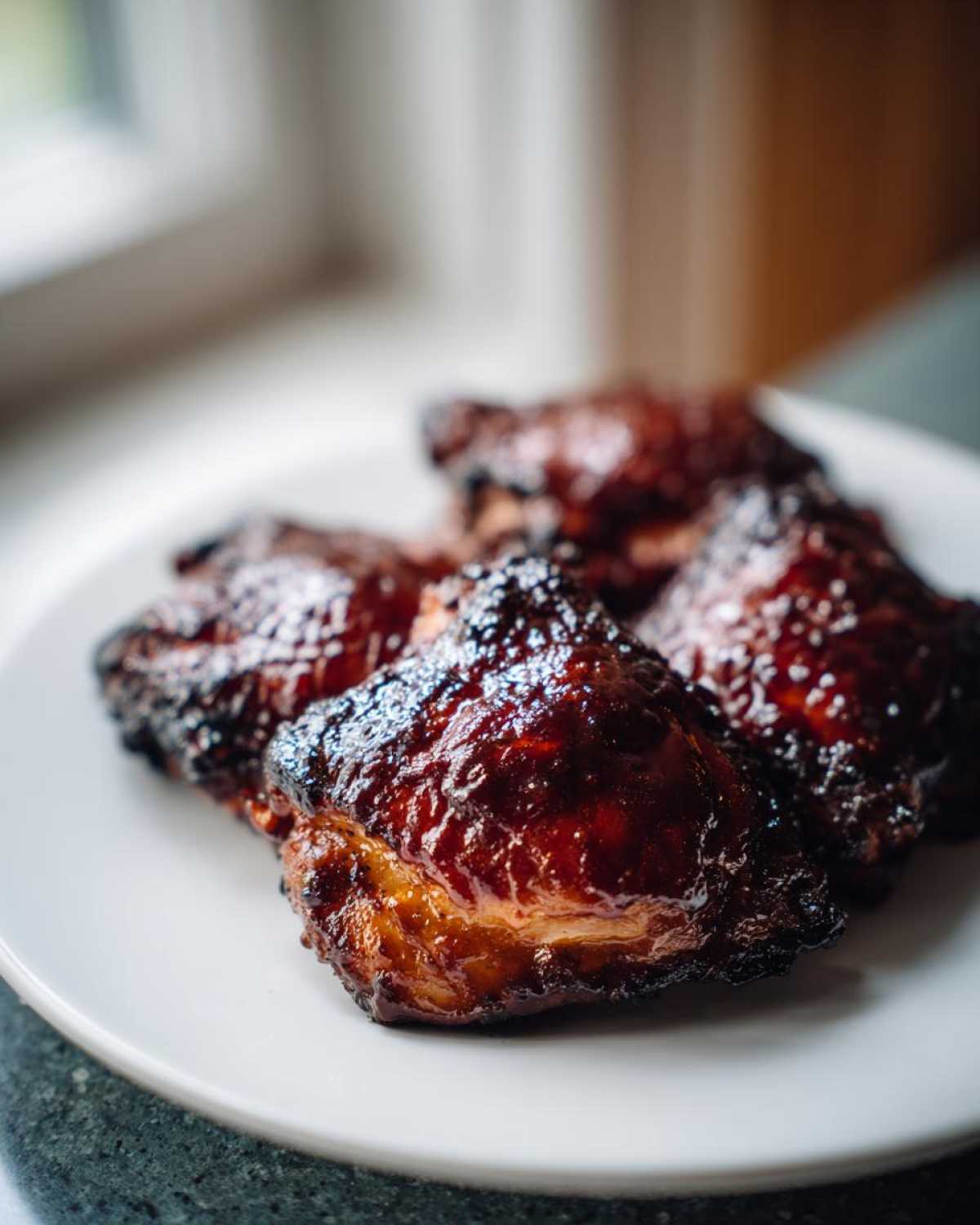 Close-up of four pieces of juicy, glazed bbq chicken thighs resting on a white plate.