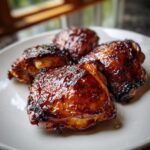 Four pieces of juicy, caramelized bbq chicken thighs with a thick, glossy sauce served on a white plate.