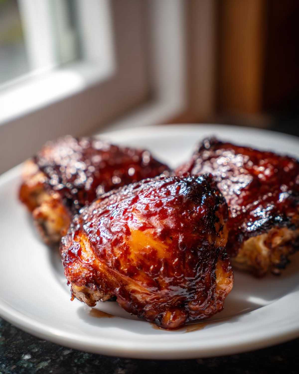 Three pieces of juicy, glazed bbq chicken thighs resting on a white plate, glistening under natural light.