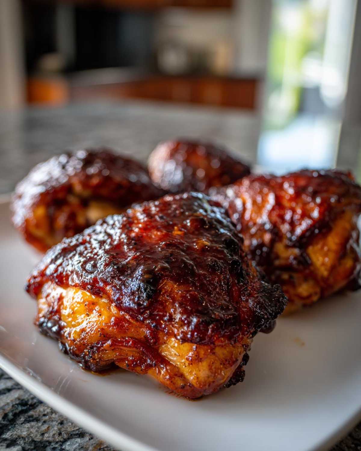 Close-up of four pieces of juicy BBQ chicken coated in a thick, dark, caramelized glaze on a white plate.