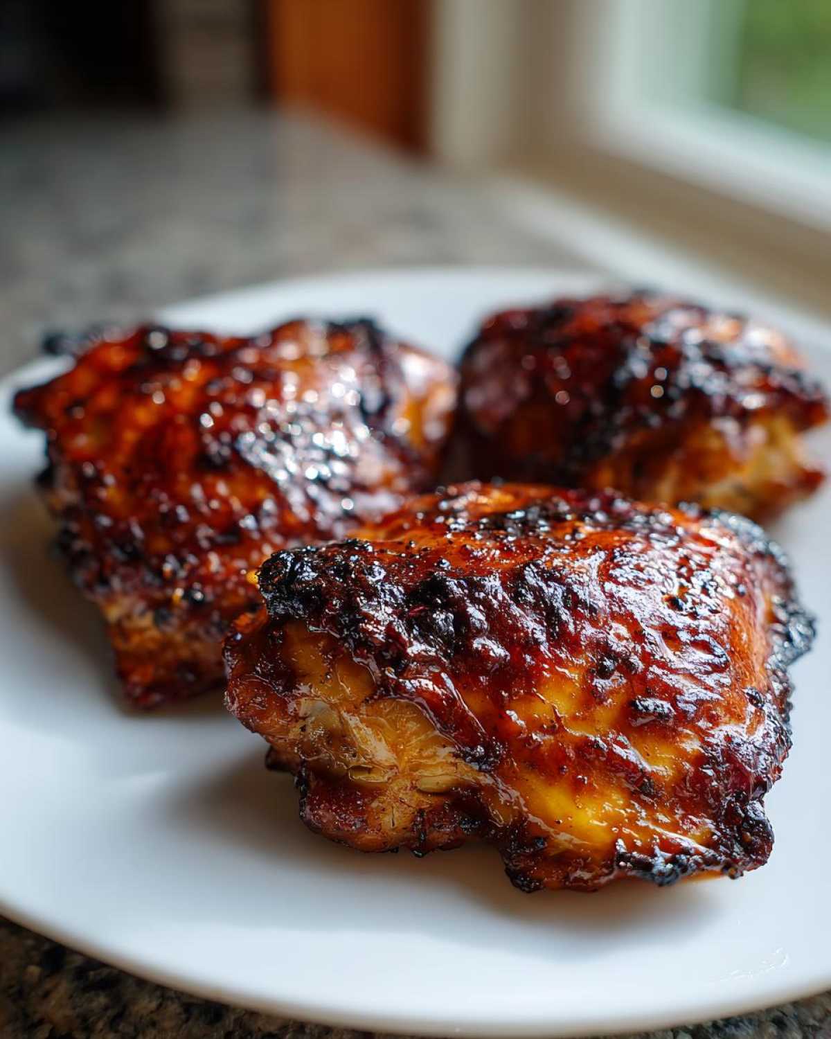 Three pieces of juicy, glazed bbq chicken thighs with a dark, caramelized crust served on a white plate.