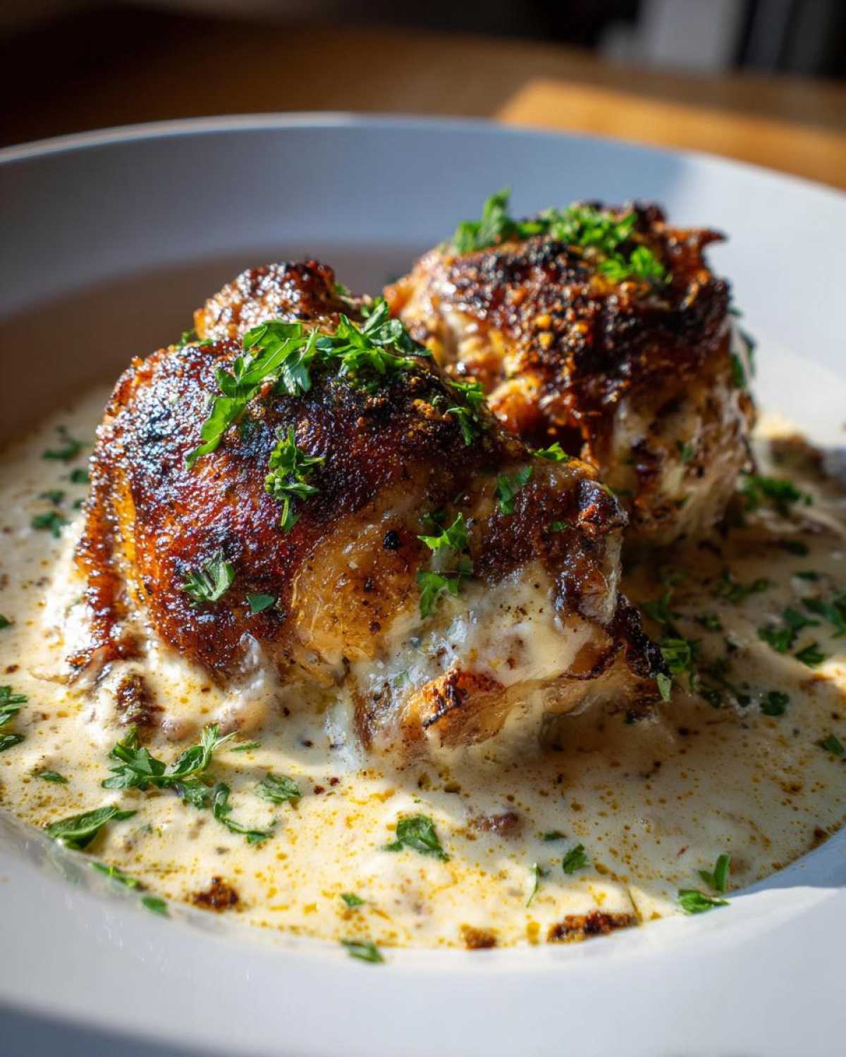 Two perfectly seared chicken thighs resting in a rich, creamy sauce and garnished with fresh parsley.