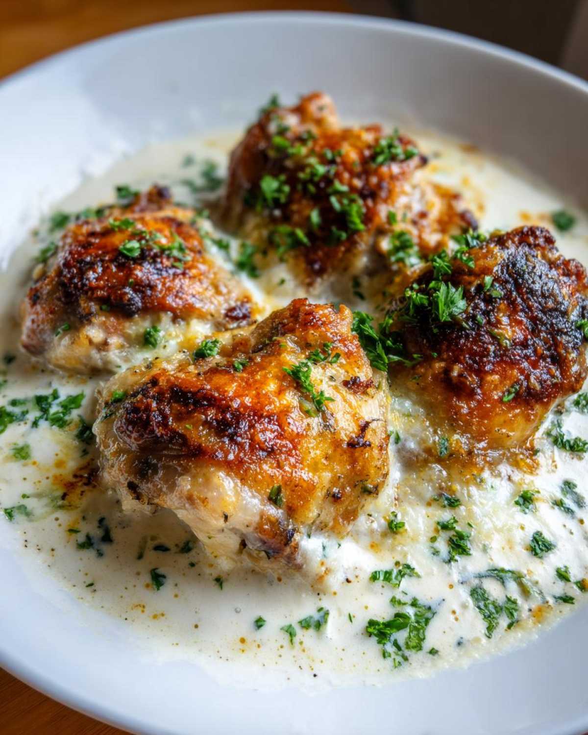 Four perfectly cooked, crispy-skinned chicken thighs served in a rich, creamy white sauce and garnished with fresh parsley.