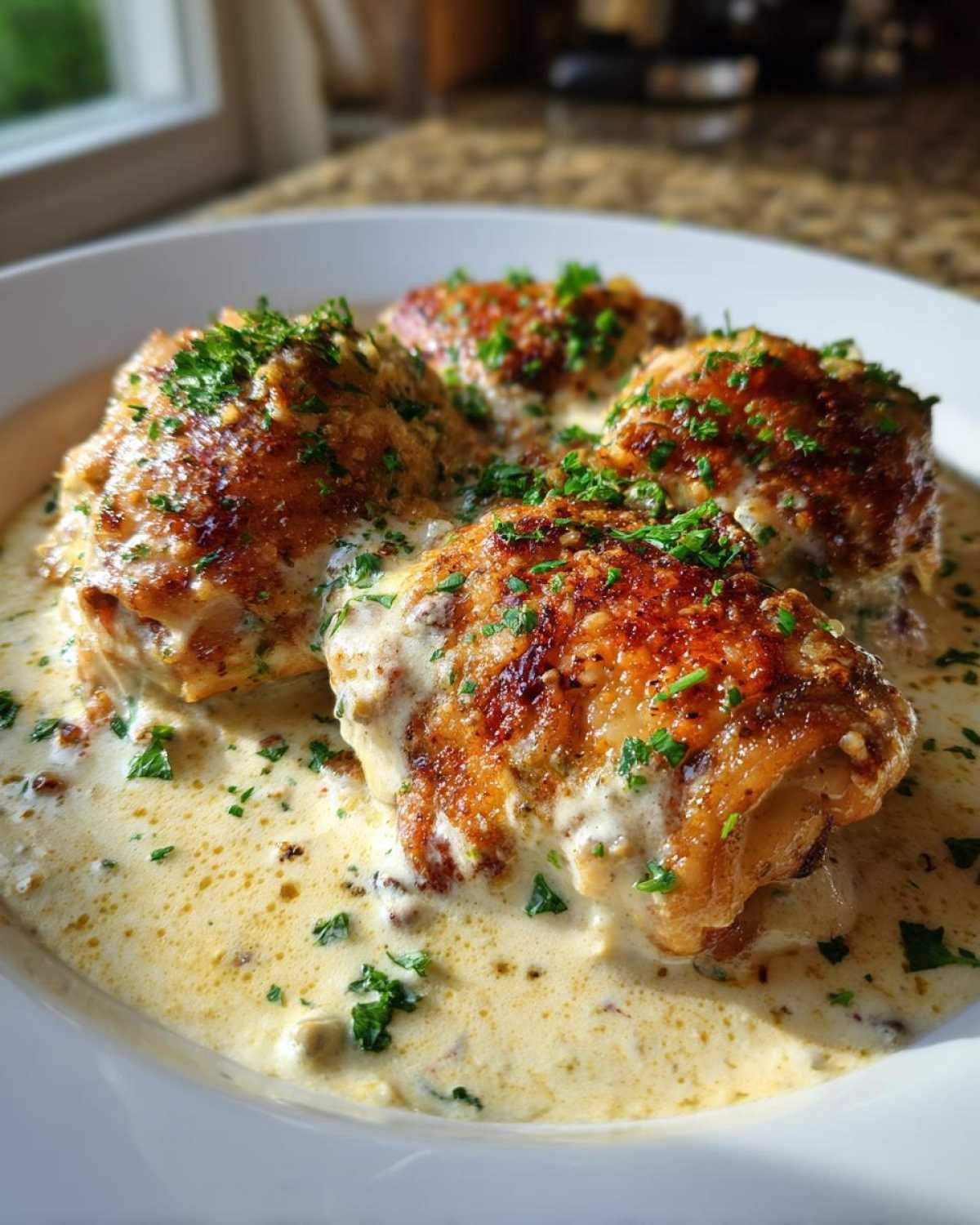 Close-up of four perfectly seared chicken thighs swimming in a rich, creamy sauce and topped with fresh parsley.