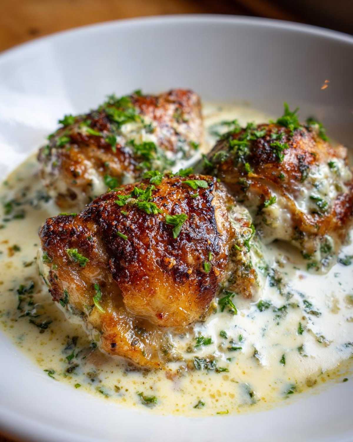 Three perfectly seared chicken thighs resting in a rich, creamy herb sauce, garnished with fresh parsley.